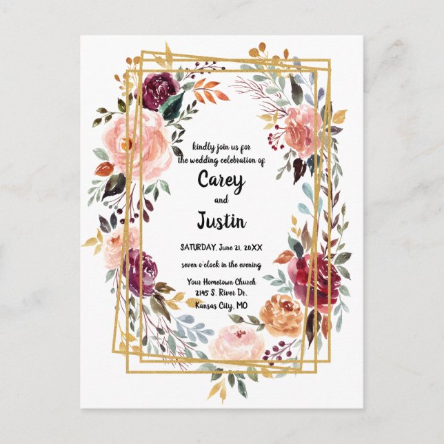 Cartão postal de casamento com moldura floral em t (Frente)