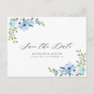 cartão postal de casamento em azul claro floral pa
