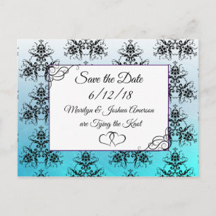 Cartão postal de casamento em damasco azul aqua pa