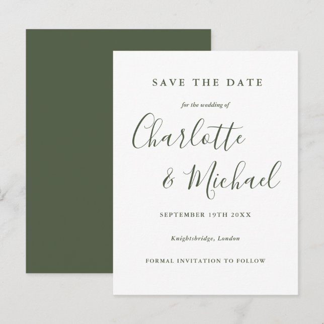 Cartão postal de casamento em script verde oliva p (Frente/Verso)