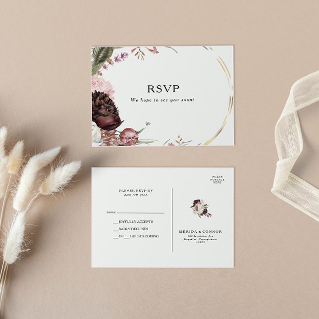 Cartão postal de Casamento Floral de Boho Burgundy (Criador carregado)