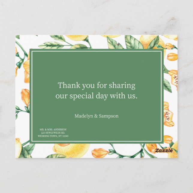 cartão postal de casamento jardim de limão amarelo (Verso)