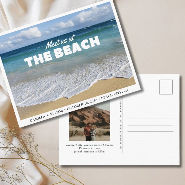 Cartão postal de casamento na praia com foto para  (Beach Wedding Ocean Photo Save the Date Postcard
)