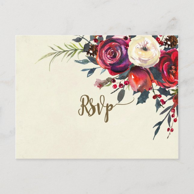 cartão postal de casamento rsvp de inverno floral (Frente)