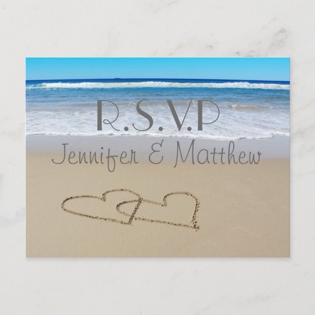 Cartão postal de casamento "rsvp" do Beach Love He (Frente)