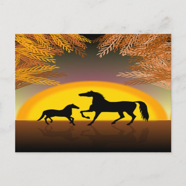cartão postal de cavalos ao pôr do sol (Frente)