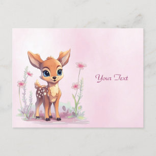 Cartão postal de cervo bebê aquarela com flores co