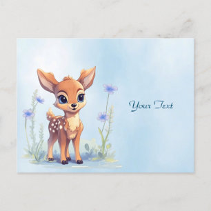 Cartão postal de cervo bebê aquarela flores azuis
