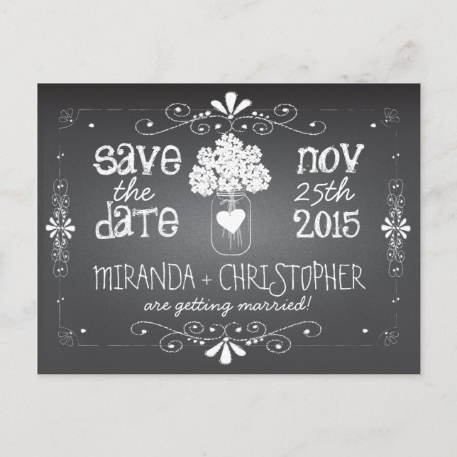 Cartão postal de Chalkboard Mason Jar Salve a Data (Frente)