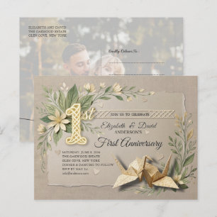 Cartão Postal De Convite 1º Aniversário de Casamento em Papel Foto de Grou