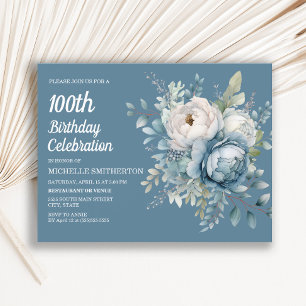 Cartão Postal De Convite 100º Aniversário da Mulher Azul-Branco Elegante