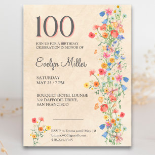 Cartão Postal De Convite 100.º aniversário - Flores selvagens elegantes
