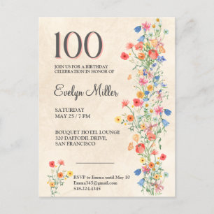 Cartão Postal De Convite 100.º aniversário - Flores selvagens elegantes
