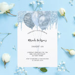 Cartão Postal De Convite 16 balões brancos azuis doces pingos de brilho<br><div class="desc">Um fundo branco. Decorado com pingos de brilho azul claro,  aparência de pingar tinta e balões. Personalize e um nome e detalhes da festa.</div>