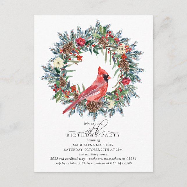 Cartão Postal De Convite 19th Birthday Party Red Cardinal Wreath (Frente)