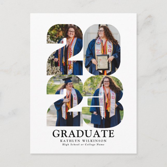 Cartão Postal De Convite 2023 Modern Bold Script Trendy 4 Photo Graduation (Frente)