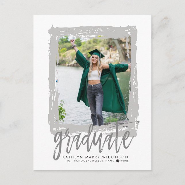 Cartão Postal De Convite 2023 Modern Brush Script Silver Photo Graduation (Frente)