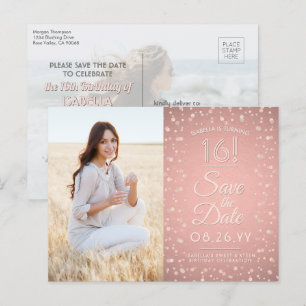 Cartão Postal De Convite 2 Photo Sweet 16 Save the Date Rosa Glitter (Dimin