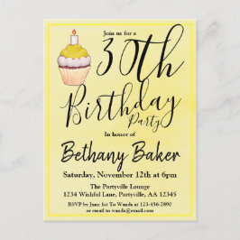 Cartão Postal De Convite 30º Bolo de Aniversário em Aquarela Amarelo