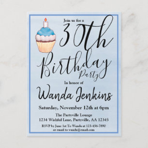 Cartão Postal De Convite 30 Blue Watercolor Cupcake Birthday
