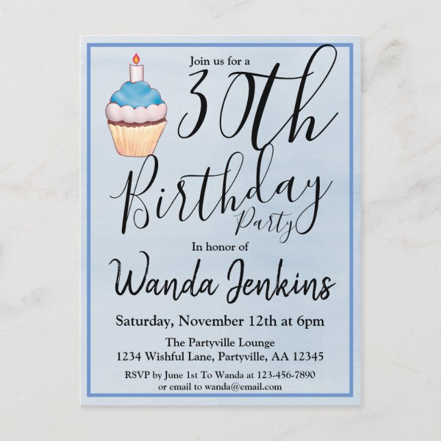 Cartão Postal De Convite 30 Blue Watercolor Cupcake Birthday (Frente)