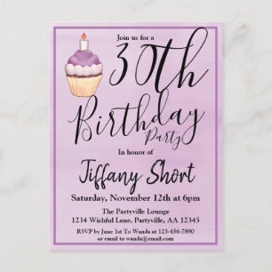 Cartão Postal De Convite 30 Purple Watercolor Cupcake Birthday