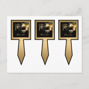 Cartão Postal De Convite 3 Taças de Bolo Picks Doce 16 Dourado Partido Negr