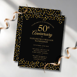 Cartão Postal De Convite 50º Aniversário de Casamento Corações Preto Dourad