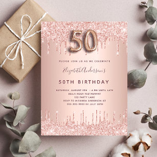 Cartão Postal De Convite 50º Aniversário rosa ouro luxo rosa brilhante