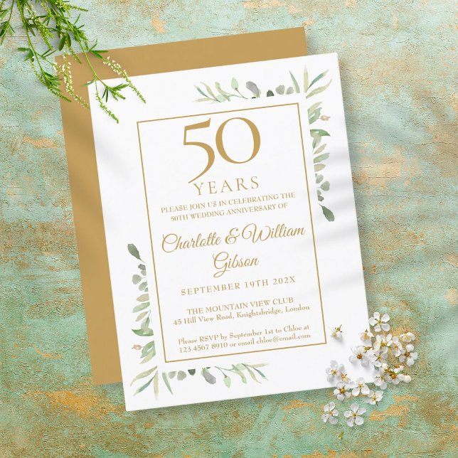 Cartão Postal De Convite 50º Ouro Casamento Aniversário Greenery (Criador carregado)