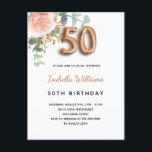 Cartão Postal De Convite 50.o aniversário de ouro floral rosa eucalipto ver<br><div class="desc">Um convite elegante para a 50ª festa de aniversário. Um fundo branco chic. Decorados com um rosa de ouro e rosa cor-de-rosa-esbranquiçada, folhas de eucalipto florais, verdes, galhos, verde e borras de ouro. Personalize e o nome e os detalhes da festa. Letras pretas e ouros. O nome é escrito com...</div>