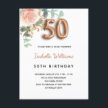 Cartão Postal De Convite 50.o aniversário de ouro floral rosa eucalipto ver<br><div class="desc">Um convite elegante para a 50ª festa de aniversário. Um fundo branco chic. Decorados com um rosa de ouro e rosa cor-de-rosa-esbranquiçada, folhas de eucalipto florais, verdes, galhos, verde e borras de ouro. Personalize e o nome e os detalhes da festa. Letras pretas e ouros. O nome é escrito com...</div>