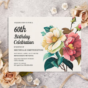 Cartão Postal De Convite 60º Aniversário da Mulher das Rosas Brancas Vermel