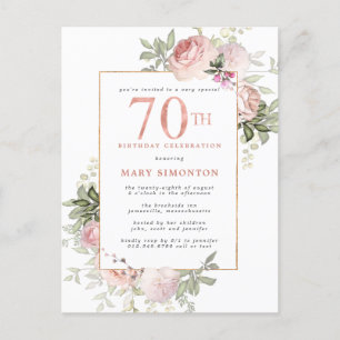Cartão Postal De Convite 70 Birthday Blush Rosa Rosa Floral