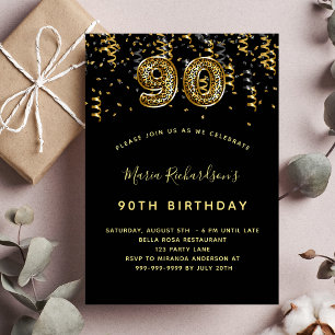 Cartão Postal De Convite 90th birthday black gold leopard print