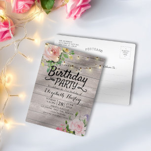 Cartão Postal De Convite A festa de aniversário floresce luzes de madeira