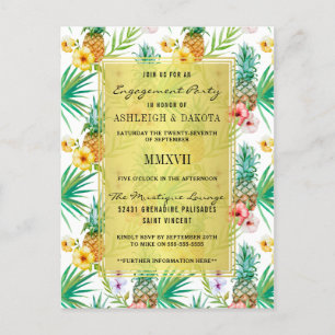 Cartão Postal De Convite Abacaxi de Aquarela e Festa de noivado de Hibiscus