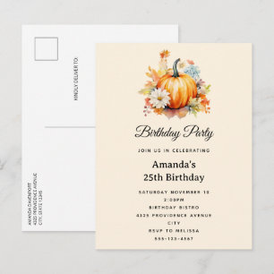 Cartão Postal De Convite Abóboras Laranjas e Flores Aniversário de Outono