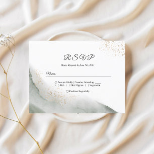 Cartão Postal De Convite Abstrato Watercolor Pincel Verde Traços e Dourado