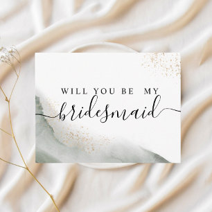 Cartão Postal De Convite Abstrato Watercolor Pincel Verde Traços e Dourado