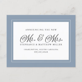 Cartão Postal De Convite Acabaram de Casar Fuga Dusty Blue Branco  Elegante