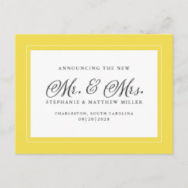 Cartão Postal De Convite Acabaram de Casar Fuga Elegante Amarelo Branco Mod