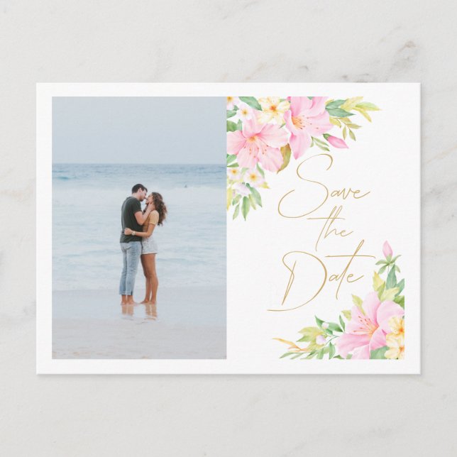 Cartão Postal De Convite Água-forte Floral Casamento Foto Salvar A Data (Frente)