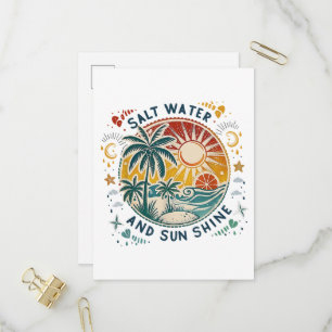 Cartão Postal De Convite Água Salgada e Brilho do Sol Praia Tropical Vintag