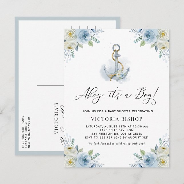 Cartão Postal De Convite Ahoy It's a Boy Anchor Floral Nautical Baby Shower (Frente/Verso)