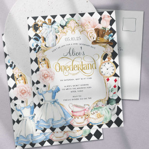 Cartão Postal De Convite Alice Onederland primeiro aniversario de uma festa