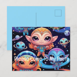 Cartão Postal De Convite Alienígena de espaço e amigos