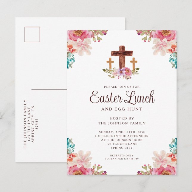 Cartão Postal De Convite Almoço de Páscoa Cruz Floral Elegante (Frente/Verso)