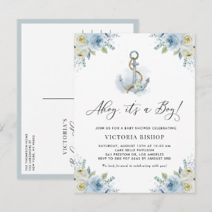 Cartão Postal De Convite Alô! É um Menino Âncora Floral Chá de Bebê Náutico