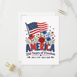 Cartão Postal De Convite América 250 Anos de Liberdade Bandeira Floral